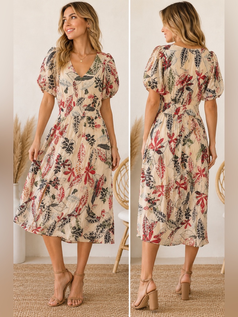 Umgee Leaf Print Midi Dress | Size Small | EUC